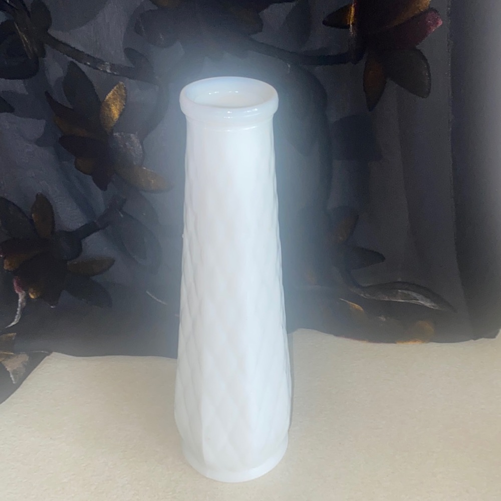 Vintage E O Brody USA diamond pattern octagon shape milk glass bud vase